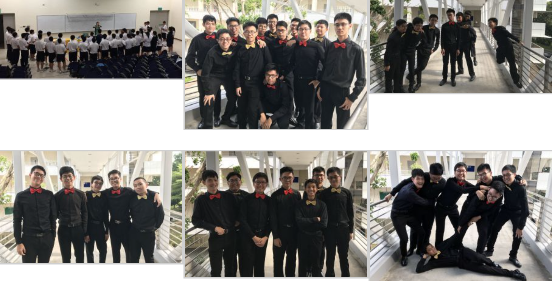 Six photos of young men in black shirts with red and gold bow ties posing in groups at a school.